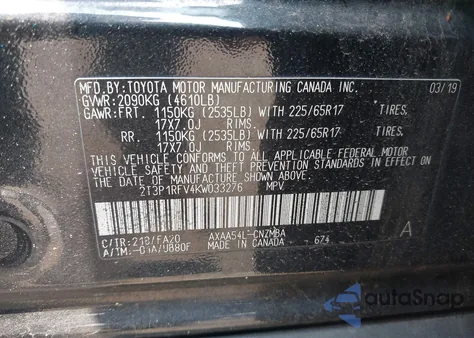 2019 Toyota Rav4 Xle z USA, uszkodzony, nr VIN 2T3P1RFV4KW033276